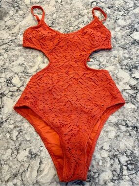 One-Piece Crochet Cutout Swimsuit - Orange